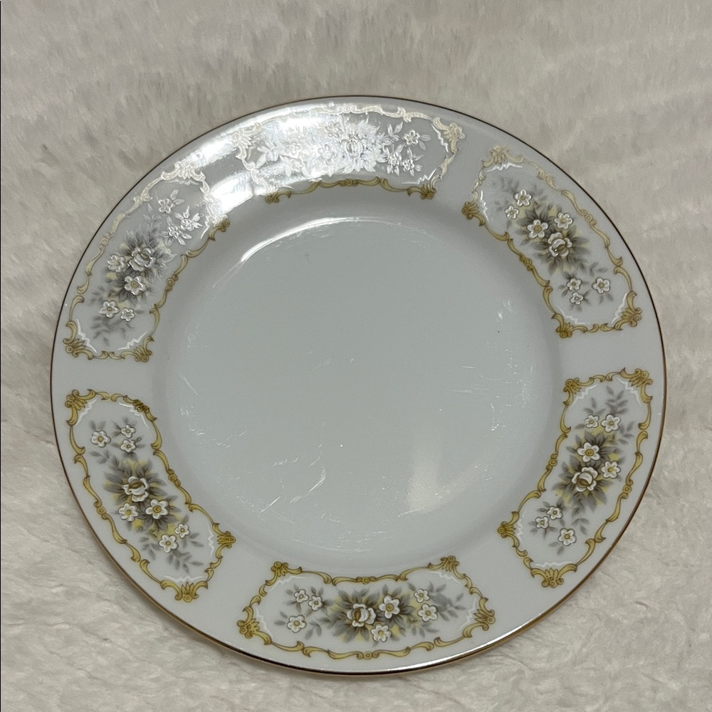 Elegant Gold and Gray Floral Dessert Plate Fine China